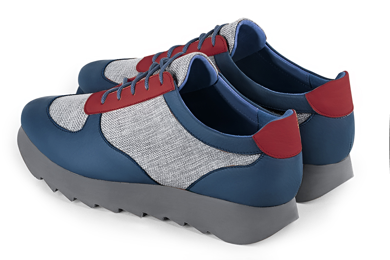 Denim blue, pebble grey and cardinal red women's three-tone elegant sneakers. Round toe. Low rubber soles. Rear view - Florence KOOIJMAN